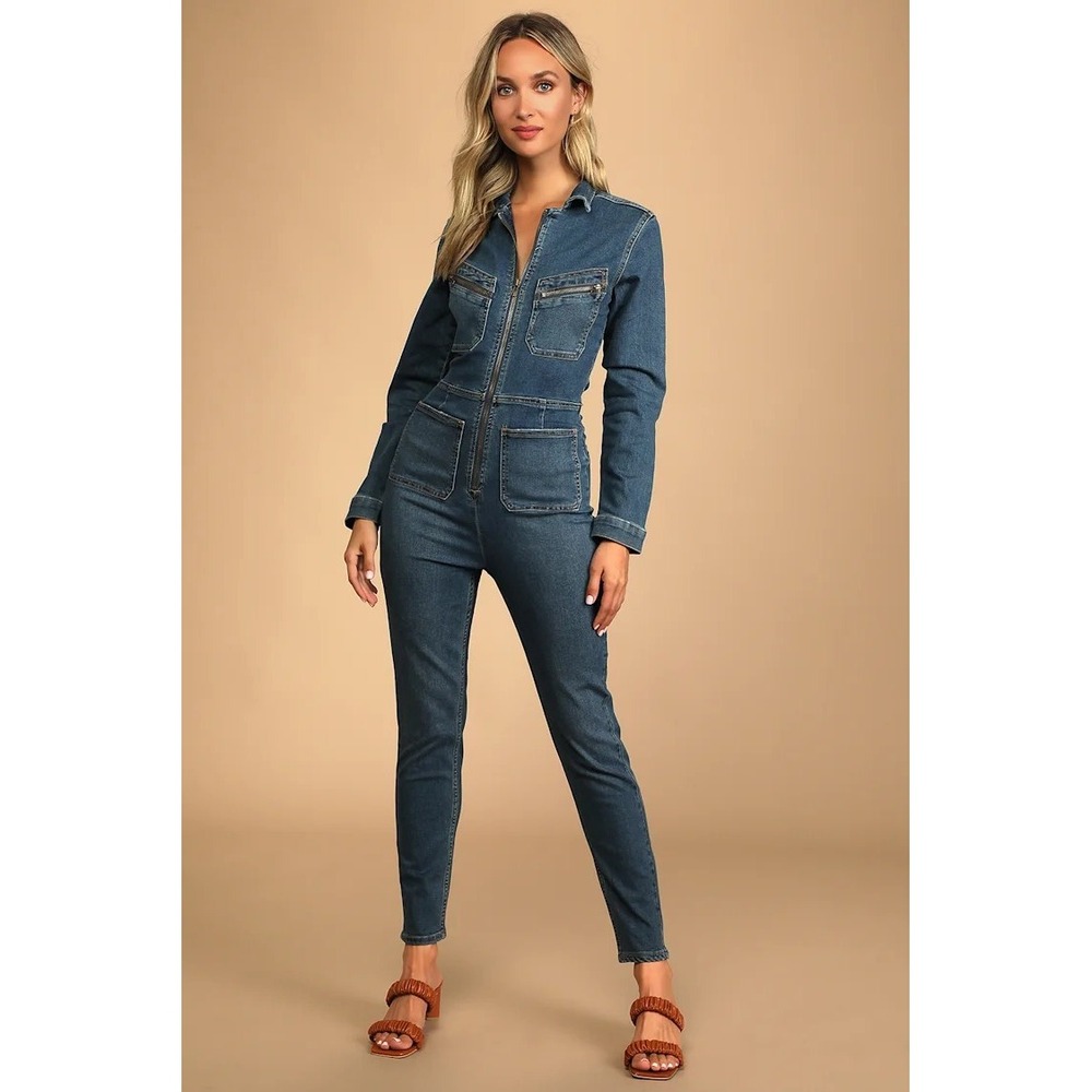 Free People Lennox Jumpsuit Black Denim Cotton Stretch Skinny Fit Women's Large